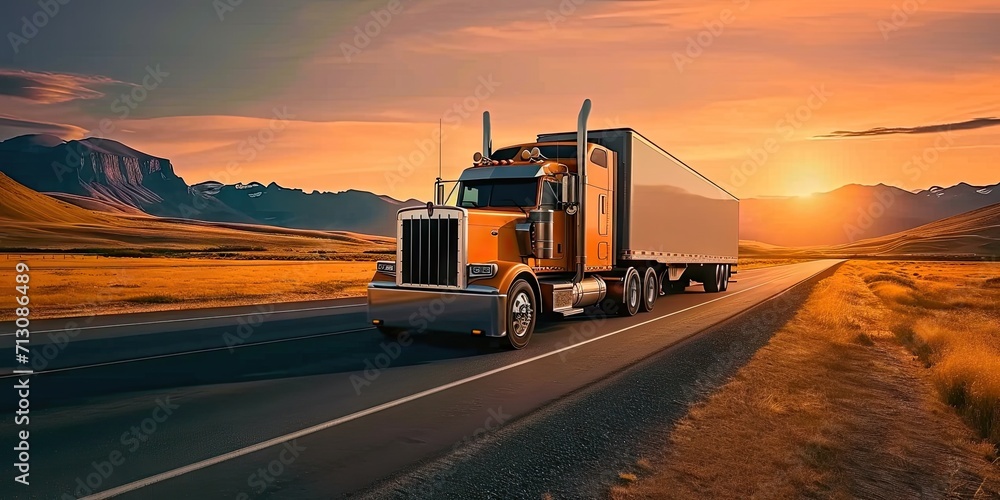 Truck in motion on highway for transportation of cargo freight vehicle shipping trailer delivering goods at speed logistic traffic moving under sky fast and heavy driving business at sunset