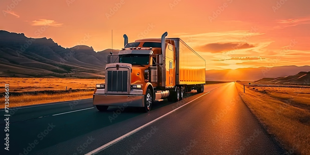 Truck in motion on highway for transportation of cargo freight vehicle shipping trailer delivering goods at speed logistic traffic moving under sky fast and heavy driving business at sunset - obrazy, fototapety, plakaty 