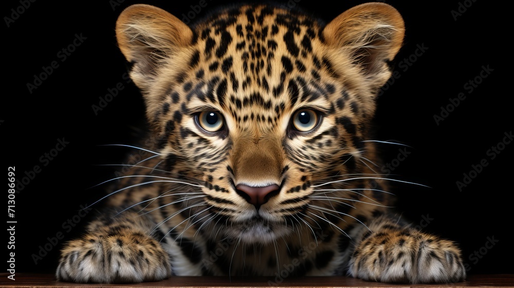 Fototapeta premium Majestic amur leopard portrait on black background for wildlife conservation and nature concepts