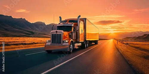 Truck in motion on highway for transportation of cargo freight vehicle shipping trailer delivering goods at speed logistic traffic moving under sky fast and heavy driving business at sunset photo