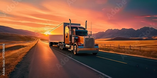 Truck in motion on highway for transportation of cargo freight vehicle shipping trailer delivering goods at speed logistic traffic moving under sky fast and heavy driving business at sunset