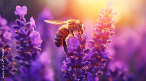 Honey bee sitting on a purple lavender flower