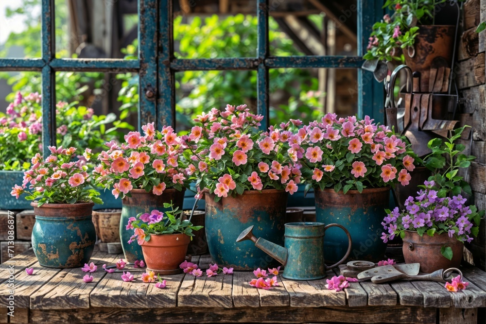 A charming setup of flower pots with a variety of plants, accompanied by a watering can, all arranged on a wooden table in a sunny garden, inviting and serene, bright and natural colors