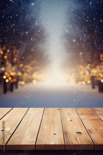 Wooden table snowy trees winter nature bokeh background  empty wood desk product display mockup snow landscape blurry abstract backdrop ads showcase Christmas time presentation. Mock up  copy space.