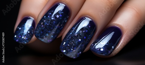 Glamorous navy blue gel manicure with french nail art design on female hand at beauty salon photo