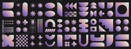 Abstract retro glossy shapes, basic brutal forms and figures in Y2K aesthetics, gradient vintage stickers, logos, labels. Decorative design elements, vector illustration.