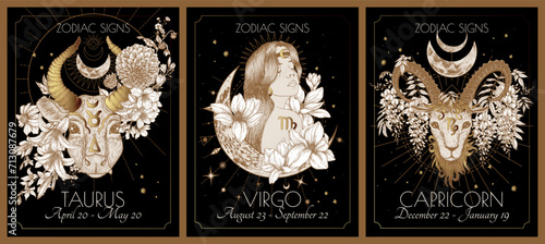 Vector illustration of zodiac in flowers signs card. Earth signs: Taurus, Virgo and Capricorn. Gold on a black background in engraving style