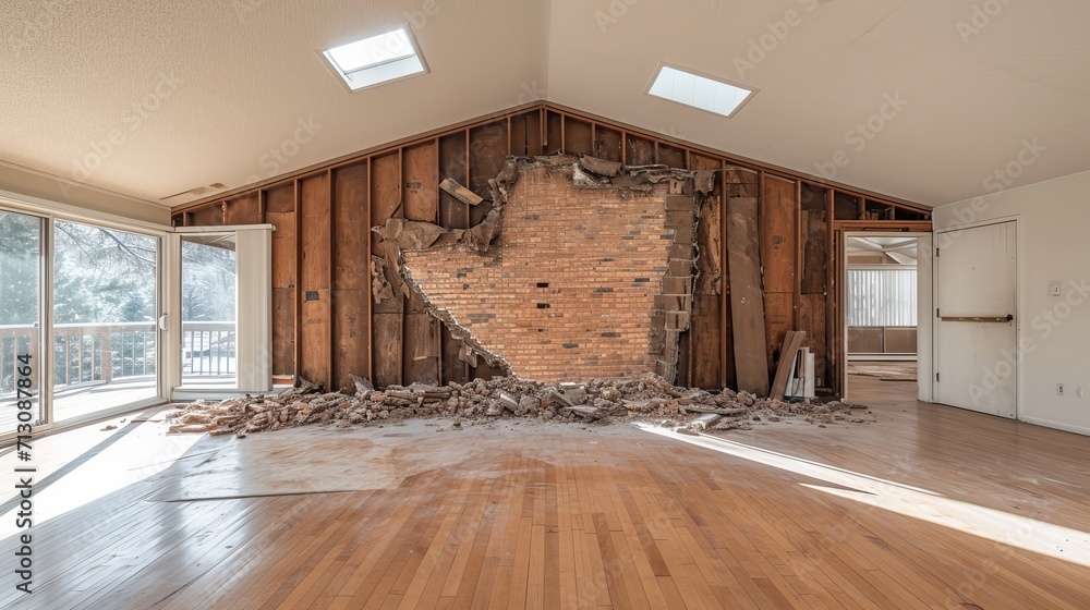 Demolishing a wall to create an open floor plan in a home renovation project - obrazy, fototapety, plakaty 