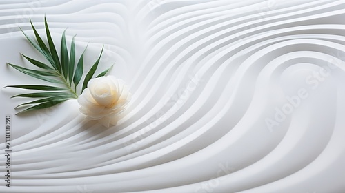 Minimalistic zen pattern with palm leaves on white sandspa background for relaxation and meditation.