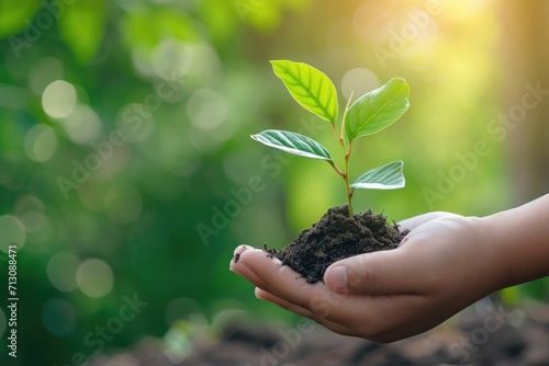 A person holding a small plant in their hands. This image can be used to represent growth, nurturing, and environmental concepts