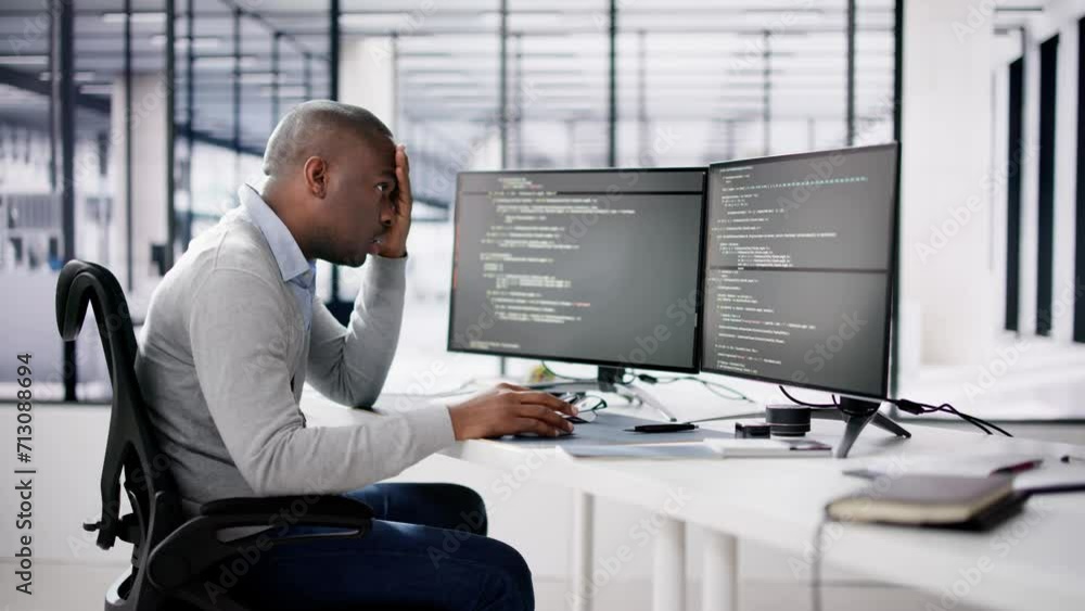 Unhappy Sad Developer Programmer Man In Stress Coding Software Unhappy Sad Developer Programmer Man In Stress Coding Software
