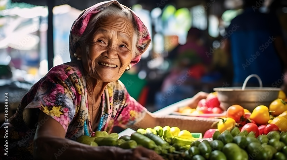 An elderly woman in a straw hat smiles brightly as she arranges a colorful assortment of fresh fruit at a market stand An elderly woman in a straw hat smiles brightly as she arranges a colorful assortment of fresh fruit at a market stand