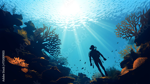 Silhouette of scuba diver exploring coral reef