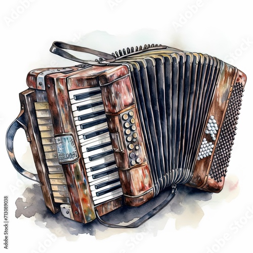 Watercolor accordion isolated on white, musical instrument collection watercolor painting, musical instrument clipart, printable musical instrument sticker, children's book illustration