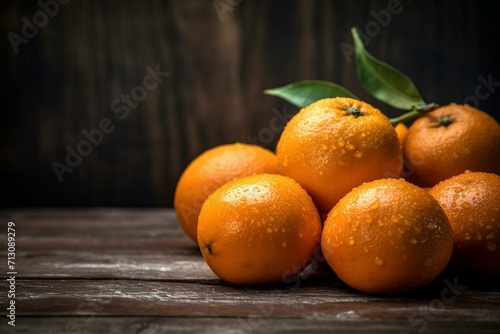 Bright oranges on rustic wooden surface with a blurry backdrop. Generative AI