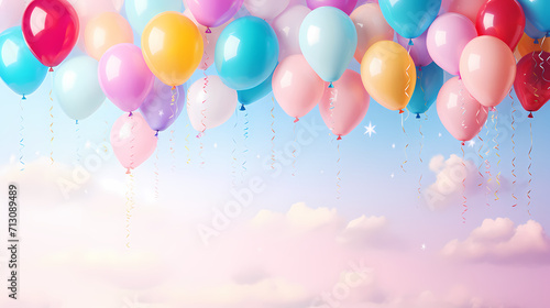 Holiday background with colorful balloons  confetti and ribbons. Holiday greeting card for birthday party  anniversary  New Year  Christmas or other events