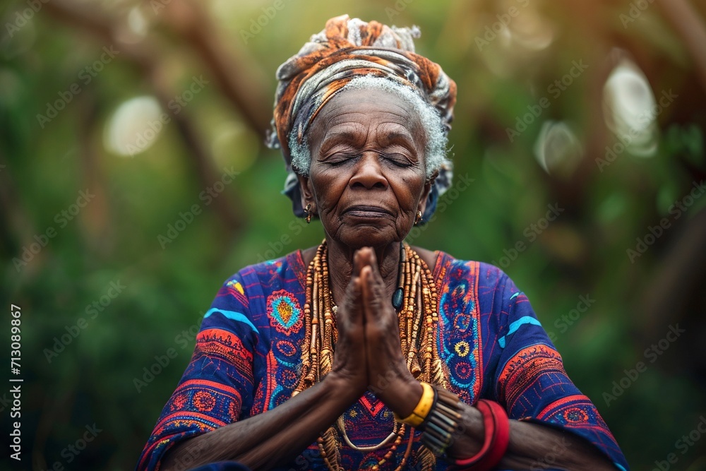 Portrait of old african american woman meditating against trees at forest or park