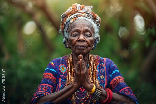 Portrait of old african american woman meditating against trees at forest or park