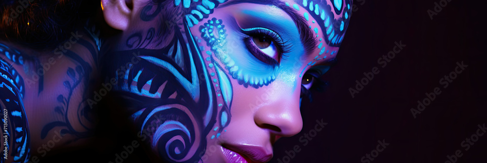 Woman With Blue Face Paint, Vibrant, Cultural Expression, Artistic Makeup Woman With Blue Face Paint, Vibrant, Cultural Expression, Artistic Makeup