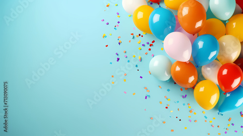 Holiday background with colorful balloons, confetti and ribbons. Holiday greeting card for birthday party, anniversary, New Year, Christmas or other events