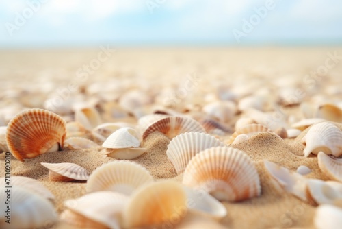 Seashells shells laying on sand sea beach tropical sanded seashore sandy seacoast blue waves backdrop beauty calm tranquil ocean seaside environment summer day vacation exotic aqua island background © Yuliia