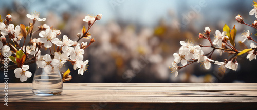Wooden table spring nature bokeh background, empty wood desk product display mockup with green park sunny blurry abstract garden backdrop landscape ads showcase presentation. Mock up, copy space. #713090469