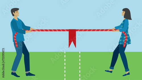 Man and woman in tug-of-war competition. Dragging rope with flag. Dimension 16:9. Vector illustration.