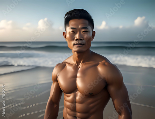 asiatischer Surfer am Strand