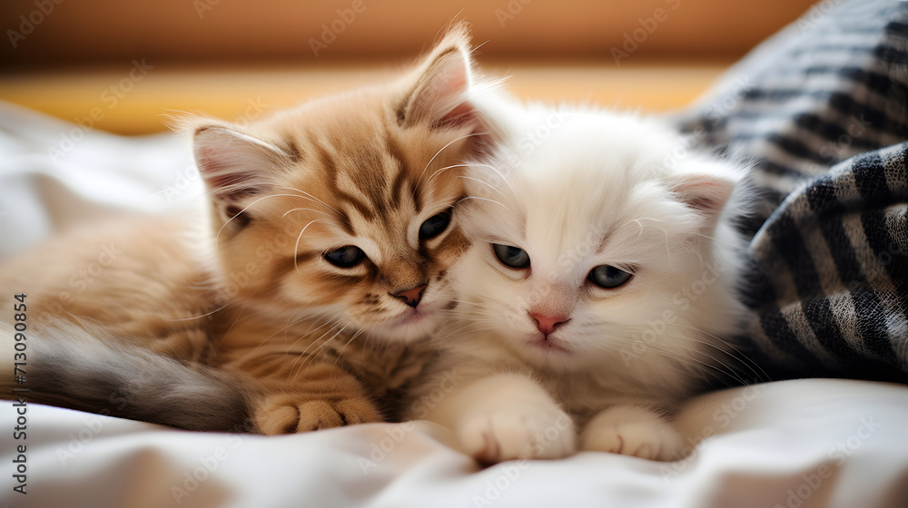 Two tiny kittens cuddling