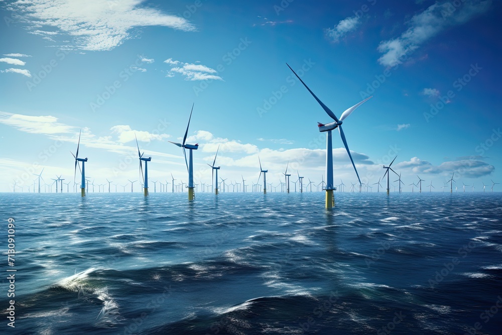Wind turbines in ocean with blue sky