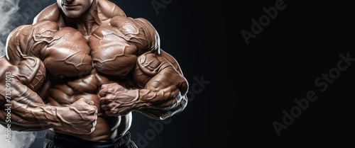 Extreme bodybuilding with very muscular man flexing muscular arms and chest photo