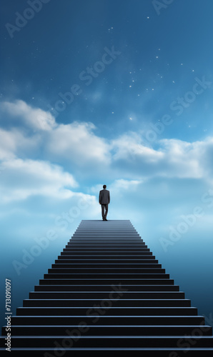 Success and achievement in business concept with man in suit standing on top of stairs