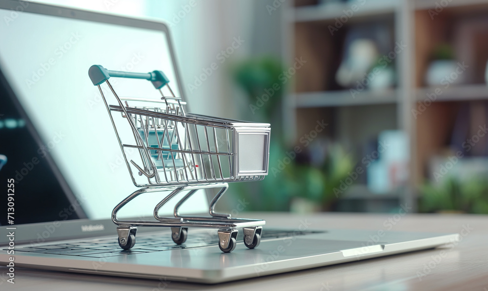 Small shopping cart on laptop computer keyboard Small shopping cart on laptop computer keyboard
