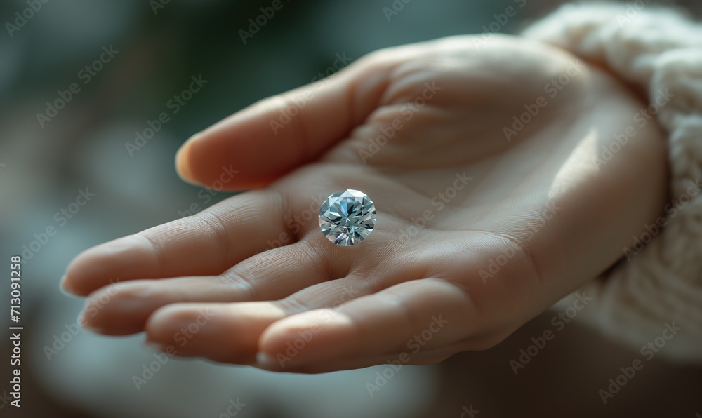 Close-up Woman holding precious diamond in palm of hand Close-up Woman holding precious diamond in palm of hand