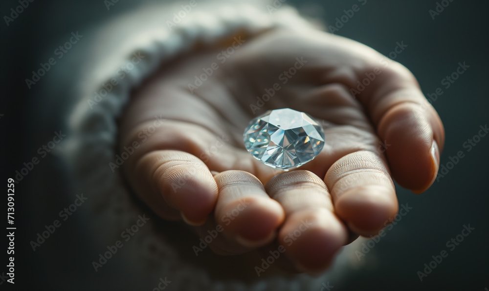 Close-up Woman holding precious diamond in palm of hand - obrazy, fototapety, plakaty 