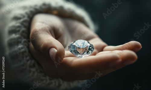 Close-up Woman holding precious diamond in palm of hand