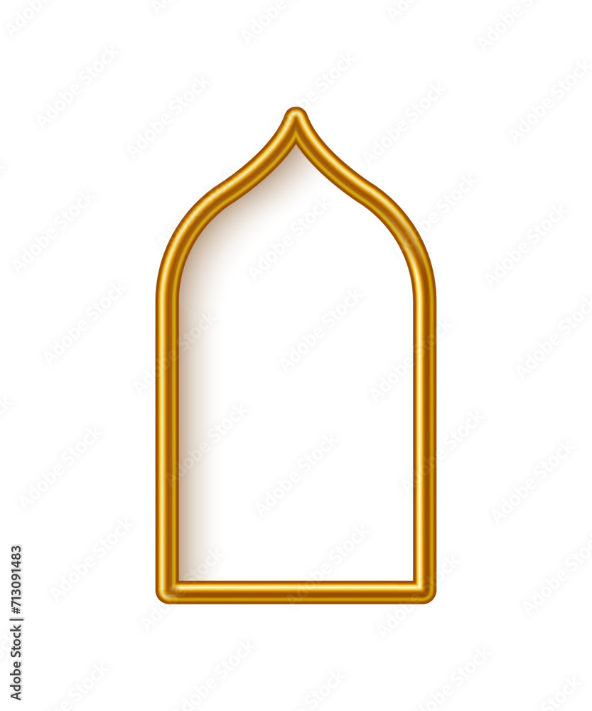 Arabic gold arch with shining lights inside isolated on white background. 3D islam window architecture shape for muslim holidays, design element door, golden tube frame. Realistic vector illustration Arabic gold arch with shining lights inside isolated on white background. 3D islam window architecture shape for muslim holidays, design element door, golden tube frame. Realistic vector illustration