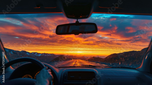A Breathtaking Sunset View Through the Windshield of a Car © Piotr