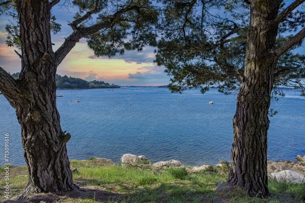 Scenic view of the Morbihan gulf, the Ile aux Moines, Brittany in spring