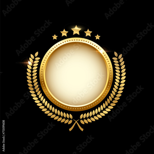 Gold shiny circle medal, laurel wreath with stars vector illustration. Chrome shining round badge prize for winner, award trophy nominee luxury symbol, nomination reward emblem on black background