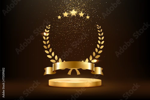 Gold award round podium with laurel wreath, ribbon, star, shiny glitter and sparkles isolated on dark background. Vector golden symbol of victory, achievement, success, rewarding of winner