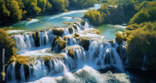 Amazing nature landscape, aerial view of the beautiful waterfall cascade, famous Skradinski buk, one of the most beautiful waterfalls in Europe and the biggest in Croatia, outdoor travel. photo