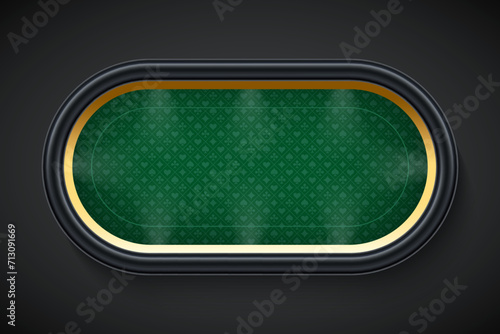 Poker green table background vector illustration. Realistic playing field with gold frame for game blackjack on black background. Casino concept
