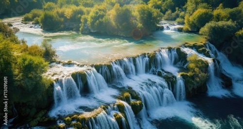 Amazing nature landscape, aerial view of the beautiful waterfall cascade, famous Skradinski buk, one of the most beautiful waterfalls in Europe and the biggest in Croatia, outdoor travel.