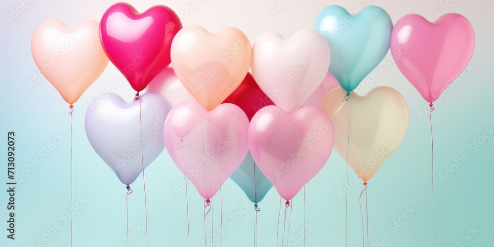 lose up of heart sharp balloons flying in the air, levitation,rainbow palete,white lighting pastel background graphics.