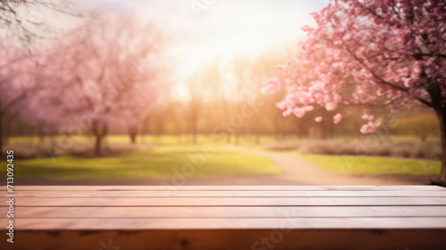 Wooden table spring nature bokeh background, empty wood desk product display mockup with green park sunny blurry abstract garden backdrop landscape ads showcase presentation. Mock up, copy space.