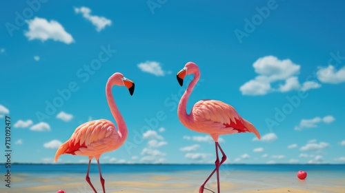 flamingo toys one standing and another running on nice sunny day with sunny shadows. Bright optimistic orange bottom and marina blue and light sky. © Rozeena