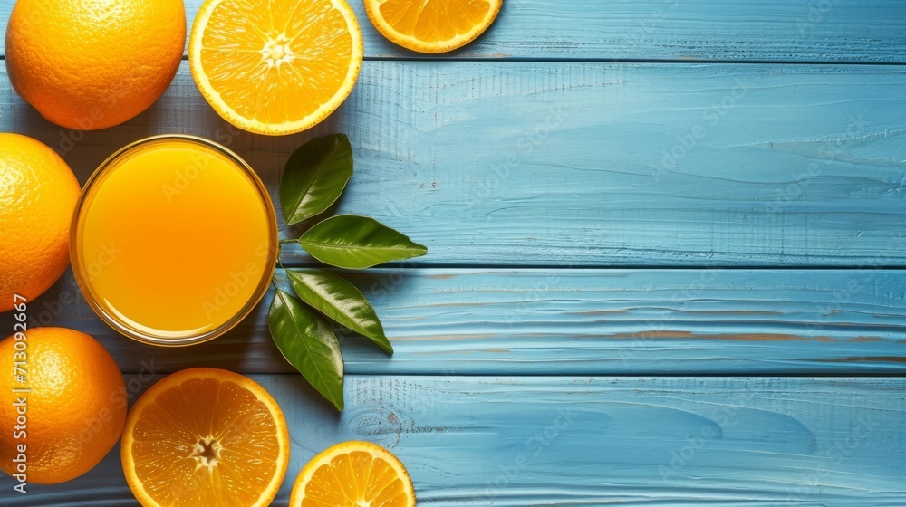 Freshly squeezed orange juice on a rustic blue wooden background. Freshly squeezed orange juice on a rustic blue wooden background.