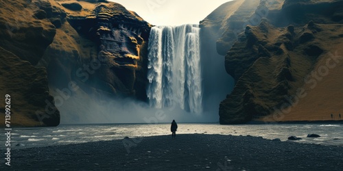 Woman overlooking waterfall at skogafoss, Iceland.
