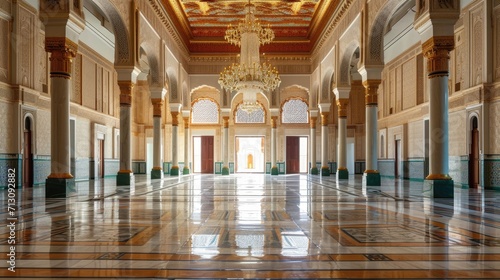 A grand hallway in a palace with tall blue and gold columns and a crystal chandelier.